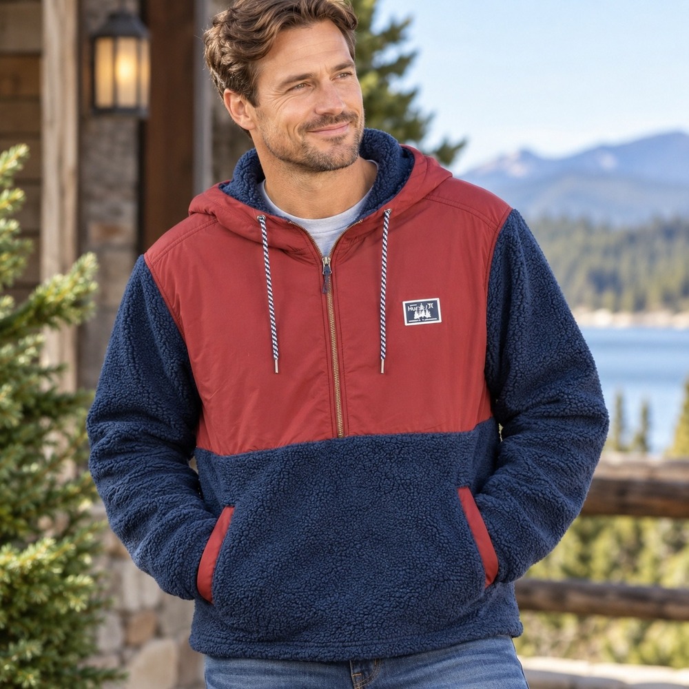 Hurley Mens XXL Sherpa Fleece Quarter Zip Hoodie Colorblock Navy Burgundy